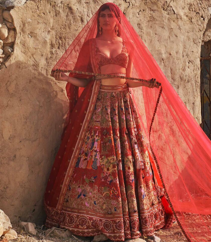 Ruby red raw silk lehenga