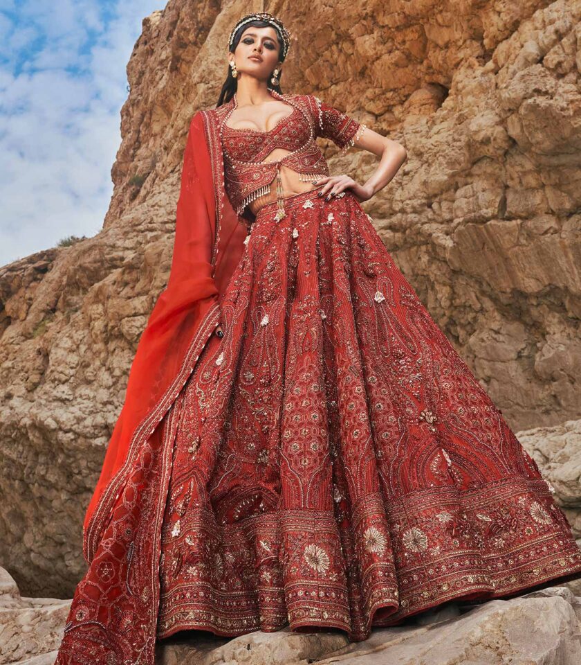 Burgundy colored silk organza lehenga