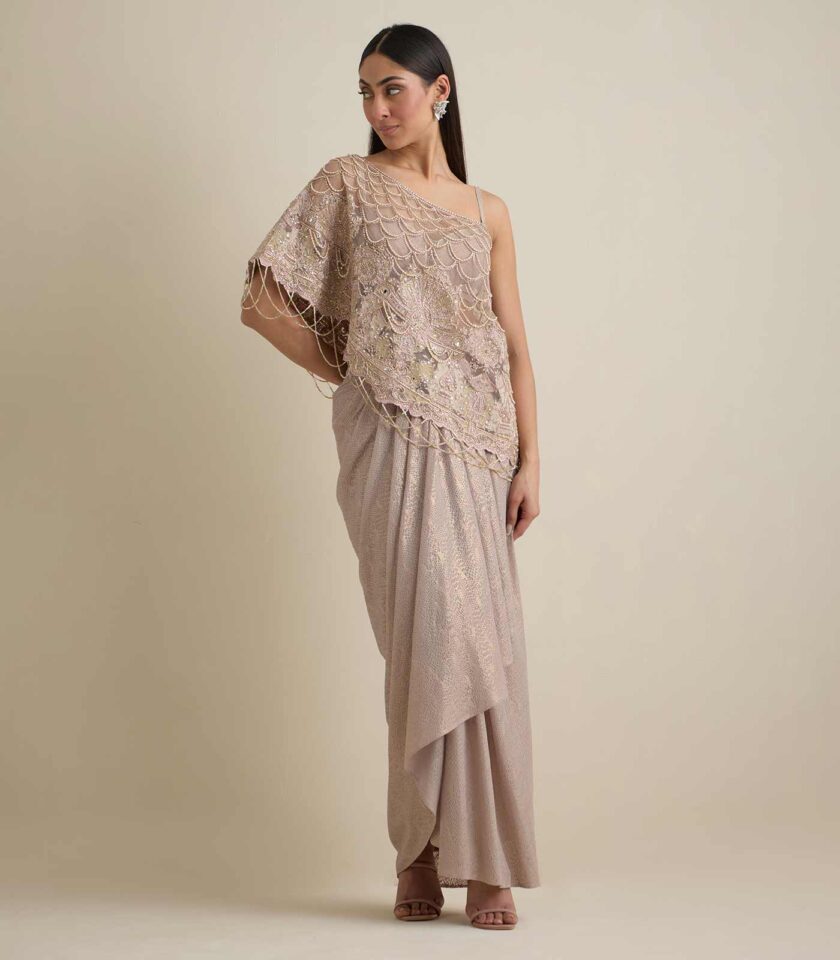 One side drape top with dhoti skirt